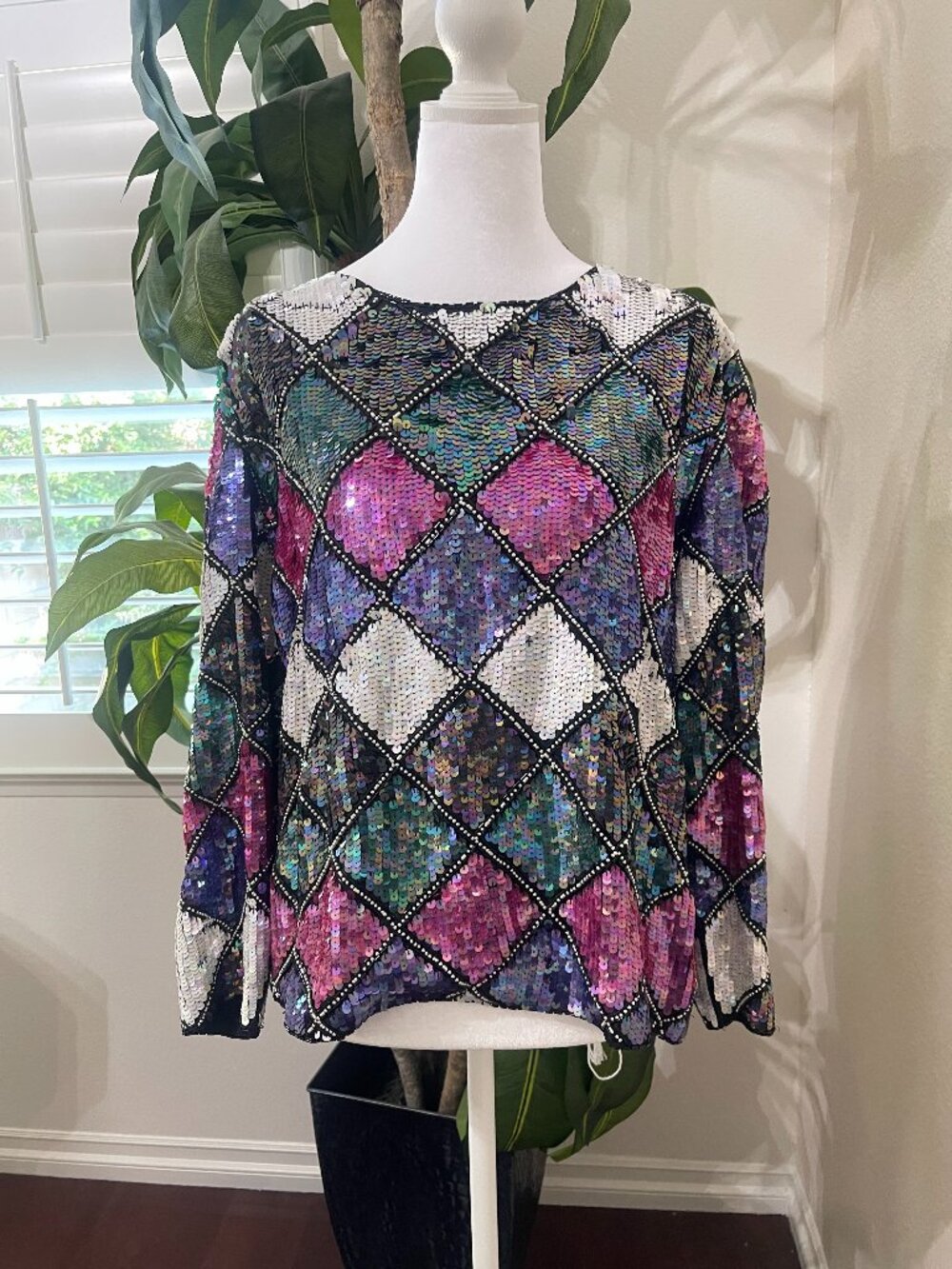 Vintage 80s Jean for Joseph Le Bon Harlequin Sequin Silk Lined Top L